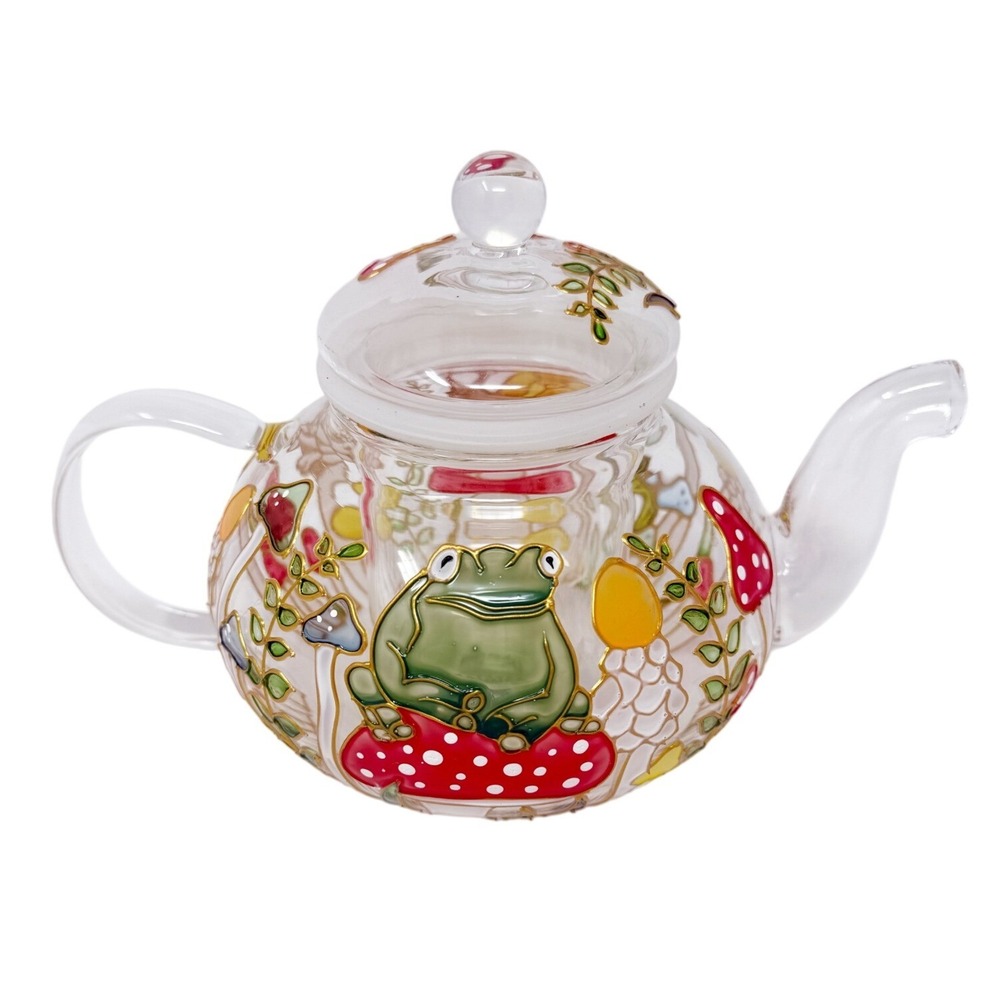 NEW Wilmax Hand Painted Mushroom Frog Glass Teapot with Infuser 20 oz